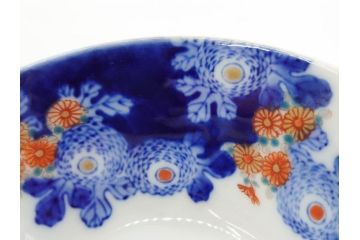 戦前　オールド香蘭社　有田焼　染付　色絵　松竹梅　花　約12cm　3.9寸　料理を引き立ててくれる小鉢4客セット(菊、巻物、深鉢、深皿、和皿、向付、和食器、三寸九分)(R-080077)