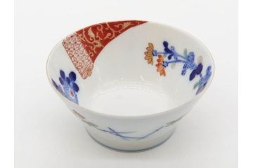 戦前　オールド香蘭社　有田焼　染付　色絵　松竹梅　花　約12cm　3.9寸　料理を引き立ててくれる小鉢4客セット(菊、巻物、深鉢、深皿、和皿、向付、和食器、三寸九分)(R-080077)