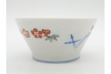 戦前　オールド香蘭社　有田焼　染付　色絵　松竹梅　花　約12cm　3.9寸　料理を引き立ててくれる小鉢4客セット(菊、巻物、深鉢、深皿、和皿、向付、和食器、三寸九分)(R-080077)