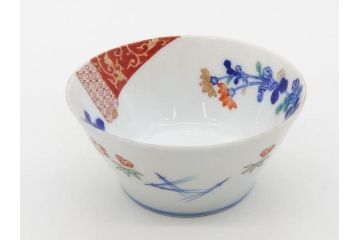 戦前　オールド香蘭社　有田焼　染付　色絵　松竹梅　花　約12cm　3.9寸　料理を引き立ててくれる小鉢4客セット(菊、巻物、深鉢、深皿、和皿、向付、和食器、三寸九分)(R-080077)