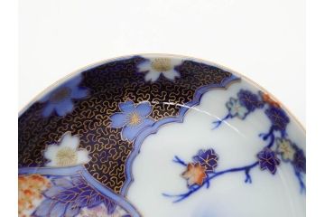 戦前　深川製磁　オールド深川　有田焼　染付　色絵　金彩　鯉　約10cm　3.3寸　艶やかな色付が美しい小皿3枚セット(魚、紅葉、桐、藤の花、桜、豆皿、和皿、和食器、三寸三分)(R-080078)