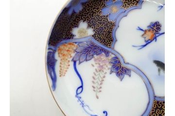 戦前　深川製磁　オールド深川　有田焼　染付　色絵　金彩　鯉　約10cm　3.3寸　艶やかな色付が美しい小皿3枚セット(魚、紅葉、桐、藤の花、桜、豆皿、和皿、和食器、三寸三分)(R-080078)