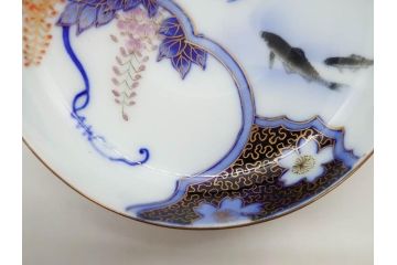 戦前　深川製磁　オールド深川　有田焼　染付　色絵　金彩　鯉　約10cm　3.3寸　艶やかな色付が美しい小皿3枚セット(魚、紅葉、桐、藤の花、桜、豆皿、和皿、和食器、三寸三分)(R-080078)