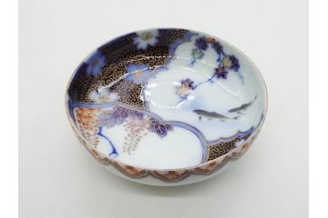 戦前　深川製磁　オールド深川　有田焼　染付　色絵　金彩　鯉　約10cm　3.3寸　艶やかな色付が美しい小皿3枚セット(魚、紅葉、桐、藤の花、桜、豆皿、和皿、和食器、三寸三分)(R-080078)