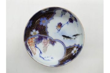 戦前　深川製磁　オールド深川　有田焼　染付　色絵　金彩　鯉　約10cm　3.3寸　艶やかな色付が美しい小皿3枚セット(魚、紅葉、桐、藤の花、桜、豆皿、和皿、和食器、三寸三分)(R-080078)