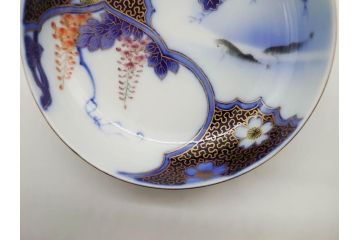 戦前　深川製磁　オールド深川　有田焼　染付　色絵　金彩　鯉　約10cm　3.3寸　艶やかな色付が美しい小皿3枚セット(魚、紅葉、桐、藤の花、桜、豆皿、和皿、和食器、三寸三分)(R-080078)