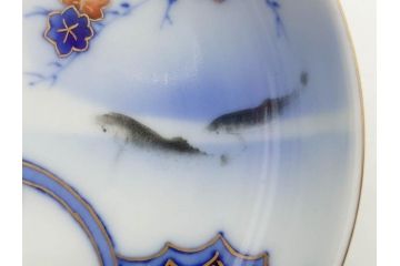 戦前　深川製磁　オールド深川　有田焼　染付　色絵　金彩　鯉　約10cm　3.3寸　艶やかな色付が美しい小皿3枚セット(魚、紅葉、桐、藤の花、桜、豆皿、和皿、和食器、三寸三分)(R-080078)