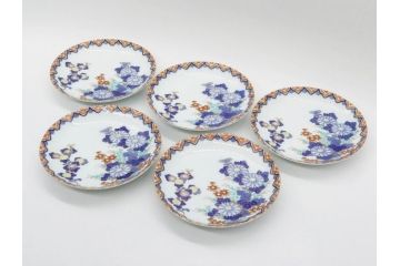 戦前　深川製磁　オールド深川　有田焼　染付　色絵　金彩　菊　約17cm　5.6寸　華やかな気品漂う中皿5枚セット(花、なます皿、和皿、和食器、裏印、五寸六分)(R-080079)