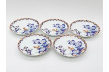 戦前　深川製磁　オールド深川　有田焼　染付　色絵　金彩　菊　約17cm　5.6寸　華やかな気品漂う中皿5枚セット(花、なます皿、和皿、和食器、裏印、五寸六分)(R-080079)