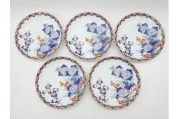 戦前　深川製磁　オールド深川　有田焼　染付　色絵　金彩　菊　約17cm　5.6寸　華やかな気品漂う中皿5枚セット(花、なます皿、和皿、和食器、裏印、五寸六分)(R-080079)