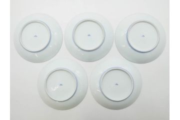戦前　深川製磁　オールド深川　有田焼　染付　色絵　金彩　菊　約17cm　5.6寸　華やかな気品漂う中皿5枚セット(花、なます皿、和皿、和食器、裏印、五寸六分)(R-080079)