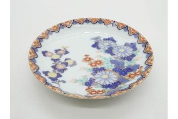 戦前　深川製磁　オールド深川　有田焼　染付　色絵　金彩　菊　約17cm　5.6寸　華やかな気品漂う中皿5枚セット(花、なます皿、和皿、和食器、裏印、五寸六分)(R-080079)
