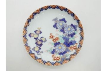 戦前　深川製磁　オールド深川　有田焼　染付　色絵　金彩　菊　約17cm　5.6寸　華やかな気品漂う中皿5枚セット(花、なます皿、和皿、和食器、裏印、五寸六分)(R-080079)