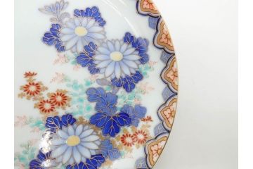 戦前　深川製磁　オールド深川　有田焼　染付　色絵　金彩　菊　約17cm　5.6寸　華やかな気品漂う中皿5枚セット(花、なます皿、和皿、和食器、裏印、五寸六分)(R-080079)