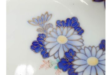 戦前　深川製磁　オールド深川　有田焼　染付　色絵　金彩　菊　約17cm　5.6寸　華やかな気品漂う中皿5枚セット(花、なます皿、和皿、和食器、裏印、五寸六分)(R-080079)