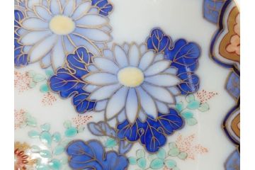 戦前　深川製磁　オールド深川　有田焼　染付　色絵　金彩　菊　約17cm　5.6寸　華やかな気品漂う中皿5枚セット(花、なます皿、和皿、和食器、裏印、五寸六分)(R-080079)