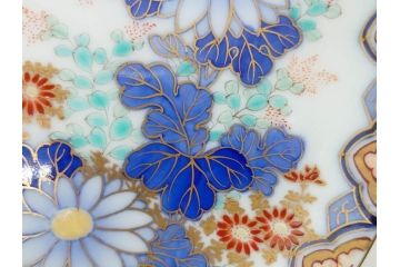 戦前　深川製磁　オールド深川　有田焼　染付　色絵　金彩　菊　約17cm　5.6寸　華やかな気品漂う中皿5枚セット(花、なます皿、和皿、和食器、裏印、五寸六分)(R-080079)