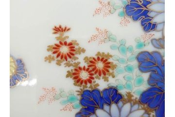 戦前　深川製磁　オールド深川　有田焼　染付　色絵　金彩　菊　約17cm　5.6寸　華やかな気品漂う中皿5枚セット(花、なます皿、和皿、和食器、裏印、五寸六分)(R-080079)