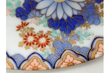 戦前　深川製磁　オールド深川　有田焼　染付　色絵　金彩　菊　約17cm　5.6寸　華やかな気品漂う中皿5枚セット(花、なます皿、和皿、和食器、裏印、五寸六分)(R-080079)