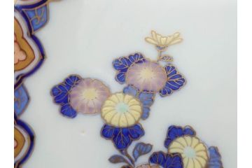 戦前　深川製磁　オールド深川　有田焼　染付　色絵　金彩　菊　約17cm　5.6寸　華やかな気品漂う中皿5枚セット(花、なます皿、和皿、和食器、裏印、五寸六分)(R-080079)