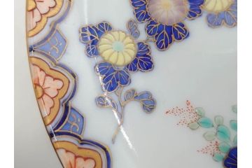 戦前　深川製磁　オールド深川　有田焼　染付　色絵　金彩　菊　約17cm　5.6寸　華やかな気品漂う中皿5枚セット(花、なます皿、和皿、和食器、裏印、五寸六分)(R-080079)
