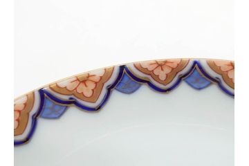 戦前　深川製磁　オールド深川　有田焼　染付　色絵　金彩　菊　約17cm　5.6寸　華やかな気品漂う中皿5枚セット(花、なます皿、和皿、和食器、裏印、五寸六分)(R-080079)