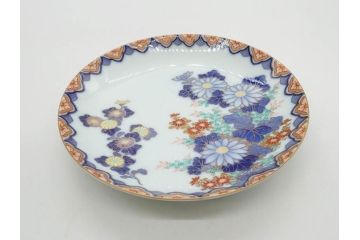 戦前　深川製磁　オールド深川　有田焼　染付　色絵　金彩　菊　約17cm　5.6寸　華やかな気品漂う中皿5枚セット(花、なます皿、和皿、和食器、裏印、五寸六分)(R-080079)
