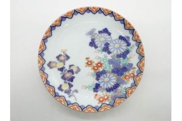 戦前　深川製磁　オールド深川　有田焼　染付　色絵　金彩　菊　約17cm　5.6寸　華やかな気品漂う中皿5枚セット(花、なます皿、和皿、和食器、裏印、五寸六分)(R-080079)