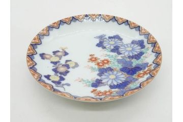 戦前　深川製磁　オールド深川　有田焼　染付　色絵　金彩　菊　約17cm　5.6寸　華やかな気品漂う中皿5枚セット(花、なます皿、和皿、和食器、裏印、五寸六分)(R-080079)