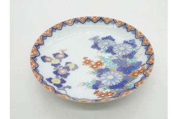 戦前　深川製磁　オールド深川　有田焼　染付　色絵　金彩　菊　約17cm　5.6寸　華やかな気品漂う中皿5枚セット(花、なます皿、和皿、和食器、裏印、五寸六分)(R-080079)