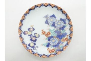 戦前　深川製磁　オールド深川　有田焼　染付　色絵　金彩　菊　約17cm　5.6寸　華やかな気品漂う中皿5枚セット(花、なます皿、和皿、和食器、裏印、五寸六分)(R-080079)