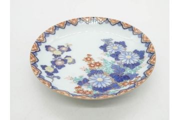 戦前　深川製磁　オールド深川　有田焼　染付　色絵　金彩　菊　約17cm　5.6寸　華やかな気品漂う中皿5枚セット(花、なます皿、和皿、和食器、裏印、五寸六分)(R-080079)