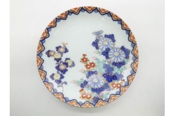 戦前　深川製磁　オールド深川　有田焼　染付　色絵　金彩　菊　約17cm　5.6寸　華やかな気品漂う中皿5枚セット(花、なます皿、和皿、和食器、裏印、五寸六分)(R-080079)
