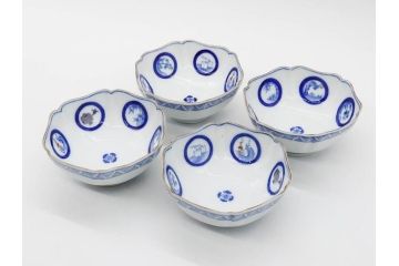 戦前　深川製磁　オールド深川　有田焼　染付　窓絵　松竹梅　約13cm　4.1寸　細かな絵付けが見事な小鉢4客セット(金彩、小槌、船、舟、花、吉祥文様、深鉢、深皿、向付、和皿、和食器、四寸一分)(R-080080)