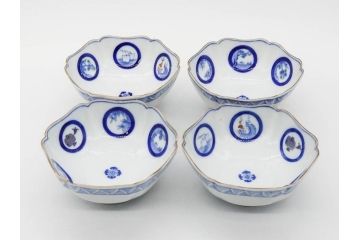 戦前　深川製磁　オールド深川　有田焼　染付　窓絵　松竹梅　約13cm　4.1寸　細かな絵付けが見事な小鉢4客セット(金彩、小槌、船、舟、花、吉祥文様、深鉢、深皿、向付、和皿、和食器、四寸一分)(R-080080)