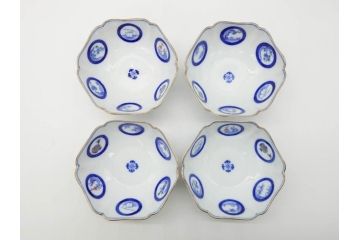 戦前　深川製磁　オールド深川　有田焼　染付　窓絵　松竹梅　約13cm　4.1寸　細かな絵付けが見事な小鉢4客セット(金彩、小槌、船、舟、花、吉祥文様、深鉢、深皿、向付、和皿、和食器、四寸一分)(R-080080)