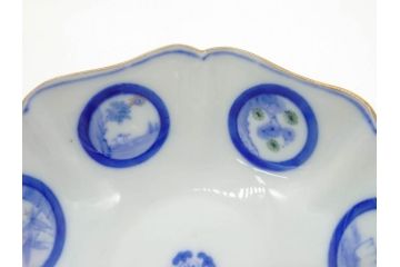 戦前　深川製磁　オールド深川　有田焼　染付　窓絵　松竹梅　約13cm　4.1寸　細かな絵付けが見事な小鉢4客セット(金彩、小槌、船、舟、花、吉祥文様、深鉢、深皿、向付、和皿、和食器、四寸一分)(R-080080)