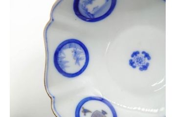戦前　深川製磁　オールド深川　有田焼　染付　窓絵　松竹梅　約13cm　4.1寸　細かな絵付けが見事な小鉢4客セット(金彩、小槌、船、舟、花、吉祥文様、深鉢、深皿、向付、和皿、和食器、四寸一分)(R-080080)