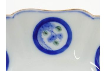 戦前　深川製磁　オールド深川　有田焼　染付　窓絵　松竹梅　約13cm　4.1寸　細かな絵付けが見事な小鉢4客セット(金彩、小槌、船、舟、花、吉祥文様、深鉢、深皿、向付、和皿、和食器、四寸一分)(R-080080)