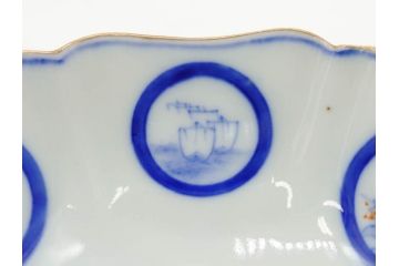 戦前　深川製磁　オールド深川　有田焼　染付　窓絵　松竹梅　約13cm　4.1寸　細かな絵付けが見事な小鉢4客セット(金彩、小槌、船、舟、花、吉祥文様、深鉢、深皿、向付、和皿、和食器、四寸一分)(R-080080)