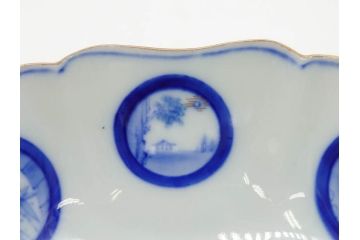 戦前　深川製磁　オールド深川　有田焼　染付　窓絵　松竹梅　約13cm　4.1寸　細かな絵付けが見事な小鉢4客セット(金彩、小槌、船、舟、花、吉祥文様、深鉢、深皿、向付、和皿、和食器、四寸一分)(R-080080)