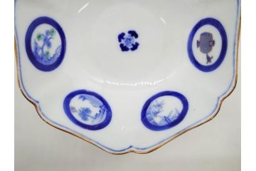 戦前　深川製磁　オールド深川　有田焼　染付　窓絵　松竹梅　約13cm　4.1寸　細かな絵付けが見事な小鉢4客セット(金彩、小槌、船、舟、花、吉祥文様、深鉢、深皿、向付、和皿、和食器、四寸一分)(R-080080)
