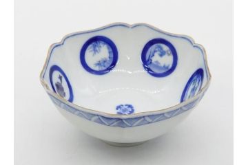 戦前　深川製磁　オールド深川　有田焼　染付　窓絵　松竹梅　約13cm　4.1寸　細かな絵付けが見事な小鉢4客セット(金彩、小槌、船、舟、花、吉祥文様、深鉢、深皿、向付、和皿、和食器、四寸一分)(R-080080)