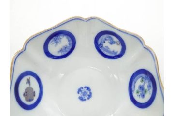 戦前　深川製磁　オールド深川　有田焼　染付　窓絵　松竹梅　約13cm　4.1寸　細かな絵付けが見事な小鉢4客セット(金彩、小槌、船、舟、花、吉祥文様、深鉢、深皿、向付、和皿、和食器、四寸一分)(R-080080)