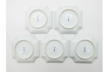 戦前　深川製磁　有田焼　染付　金彩　バラ　約16cm　5.2寸　縁のデザインが優美な変形皿5枚セット(薔薇、ローズ、花、中皿、なます皿、和皿、和食器、裏印、共箱付き、五寸二分)(R-080085)