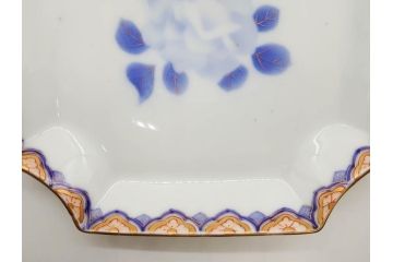 戦前　深川製磁　有田焼　染付　金彩　バラ　約16cm　5.2寸　縁のデザインが優美な変形皿5枚セット(薔薇、ローズ、花、中皿、なます皿、和皿、和食器、裏印、共箱付き、五寸二分)(R-080085)