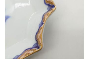 戦前　深川製磁　有田焼　染付　金彩　バラ　約16cm　5.2寸　縁のデザインが優美な変形皿5枚セット(薔薇、ローズ、花、中皿、なます皿、和皿、和食器、裏印、共箱付き、五寸二分)(R-080085)