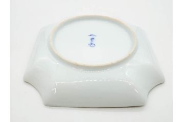 戦前　深川製磁　有田焼　染付　金彩　バラ　約16cm　5.2寸　縁のデザインが優美な変形皿5枚セット(薔薇、ローズ、花、中皿、なます皿、和皿、和食器、裏印、共箱付き、五寸二分)(R-080085)