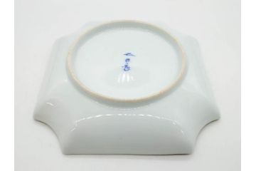 戦前　深川製磁　有田焼　染付　金彩　バラ　約16cm　5.2寸　縁のデザインが優美な変形皿5枚セット(薔薇、ローズ、花、中皿、なます皿、和皿、和食器、裏印、共箱付き、五寸二分)(R-080085)