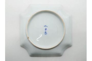戦前　深川製磁　有田焼　染付　金彩　バラ　約16cm　5.2寸　縁のデザインが優美な変形皿5枚セット(薔薇、ローズ、花、中皿、なます皿、和皿、和食器、裏印、共箱付き、五寸二分)(R-080085)